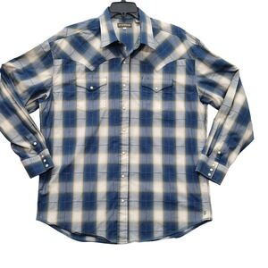 Stetson Mens Plaid Western Snap Button Long Sleeve‎ Shirt 2XL Blue White Tan